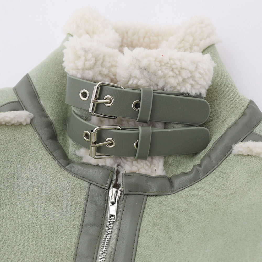 Lamb Wool Stand-up Collar Cotton-padded Clothes Stitching Fur Coat