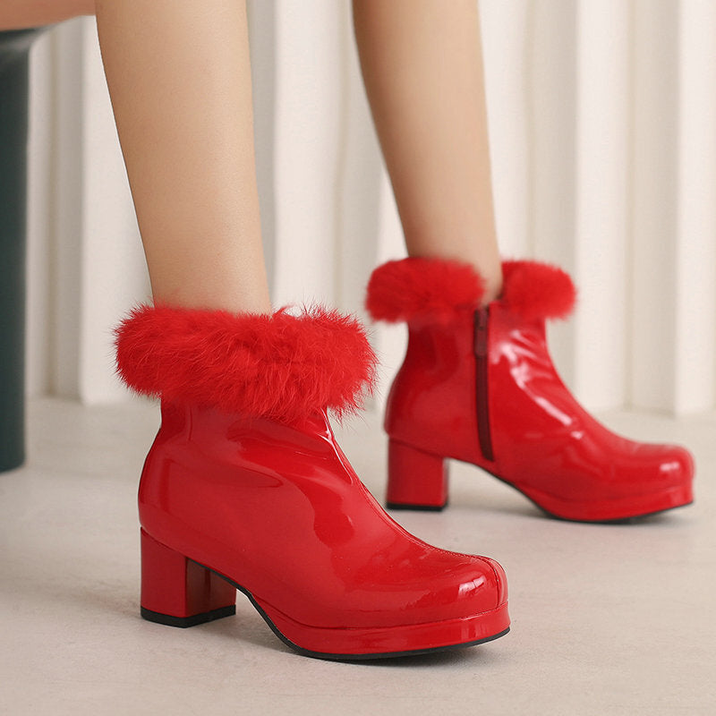 Womens Short Boots For Fall Winter Patent Leather Chunky Heel