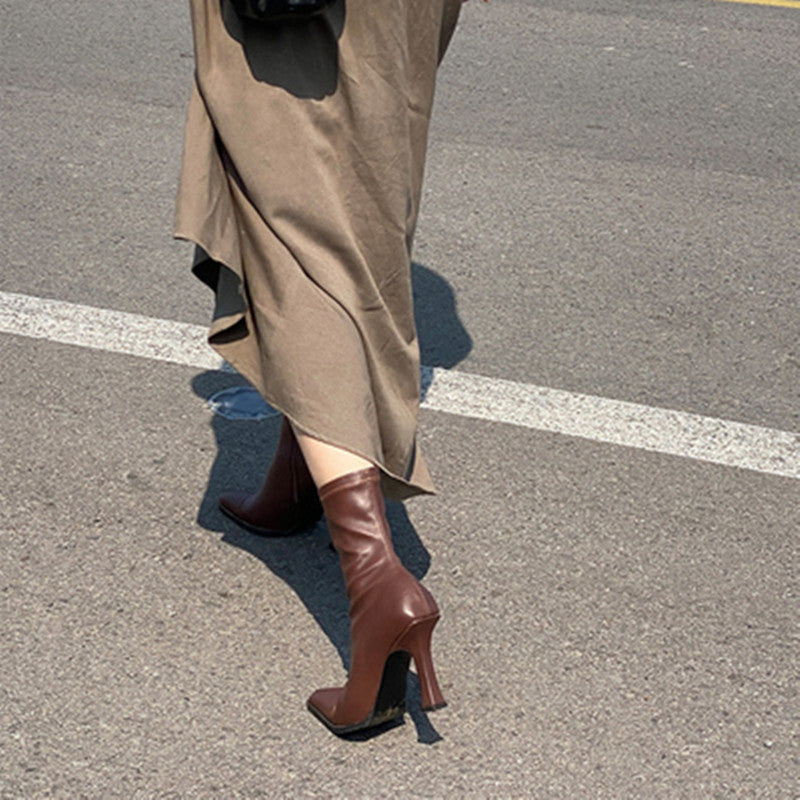 Small Square Toe Thin Boots Korean Version Was Thin Stiletto High Heels