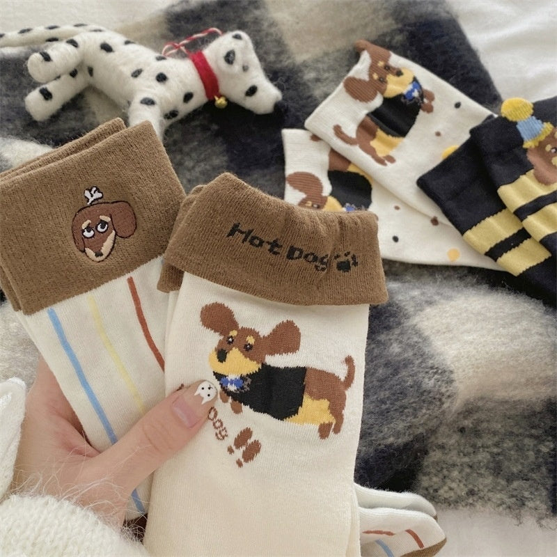Autumn And Winter Puppy Embroidery Tube Socks Flanging Cartoon Sausage Dog Vertical Bar Bunching Socks