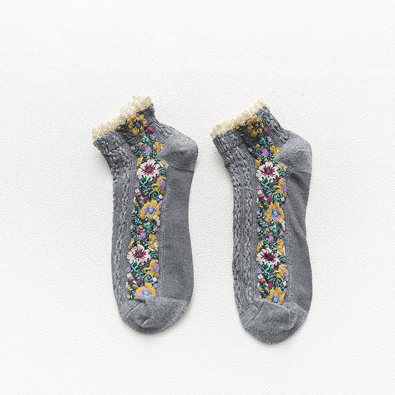 Women's New Lace Cotton Retro Small Floral Boat Socks