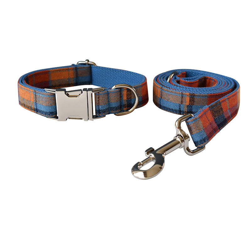 Blue Background Velvet Plaid Pet Dog Collar Alloy Buckle