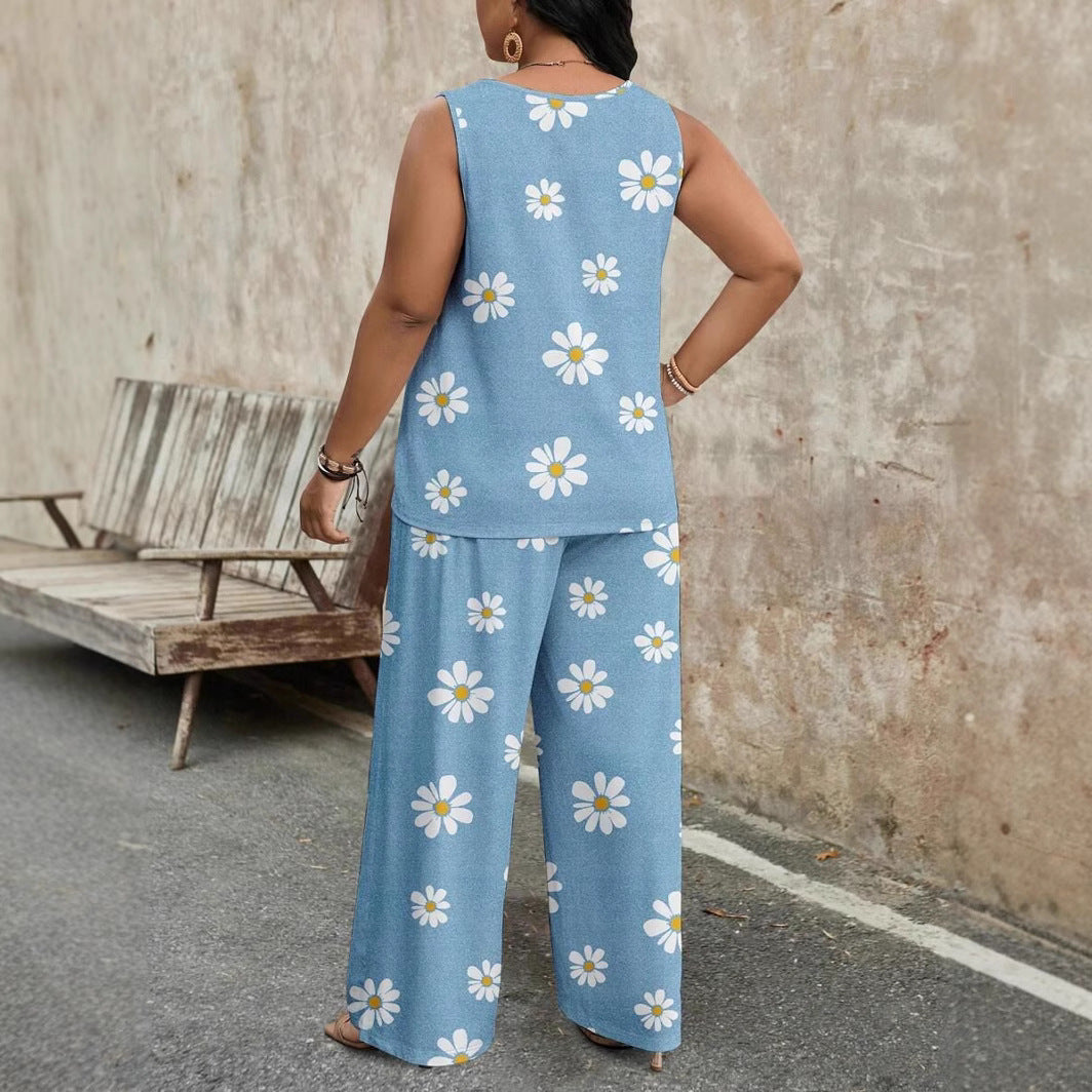 Fashion Casual Printed Sleeveless Wide-leg Pants Set
