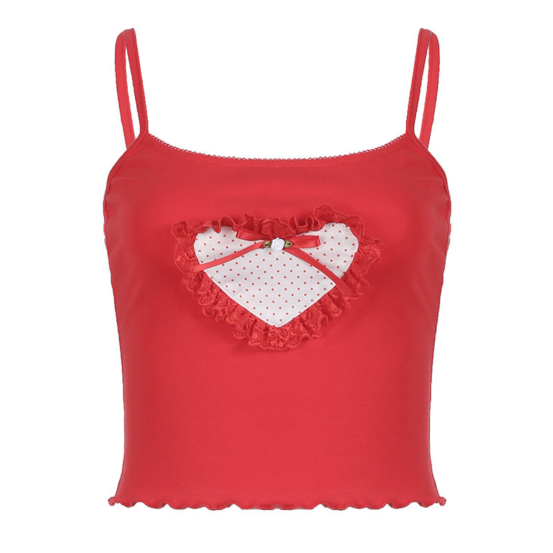 Sweet And Spicy Style Heart-shaped Lace Stitching Bow Polka Dot Design Sense Small Sling