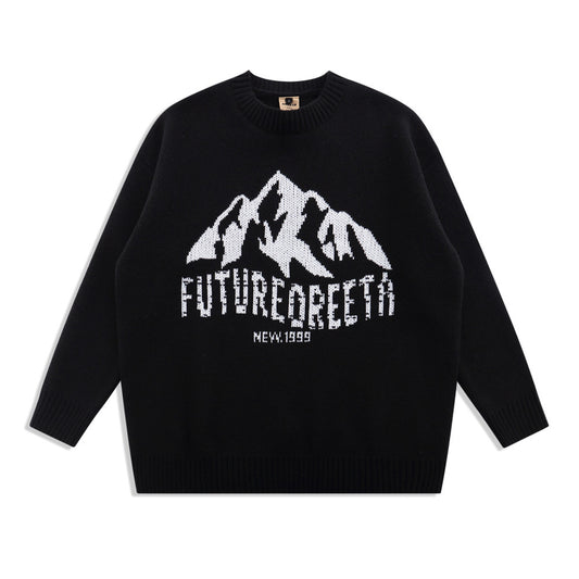 Snow Mountain Letter Jacquard Knit Men's Street Trend Loose Round Neck Sweater