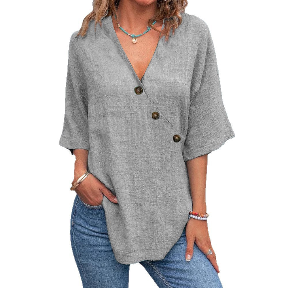 Solid Color Linen Button Women's Top