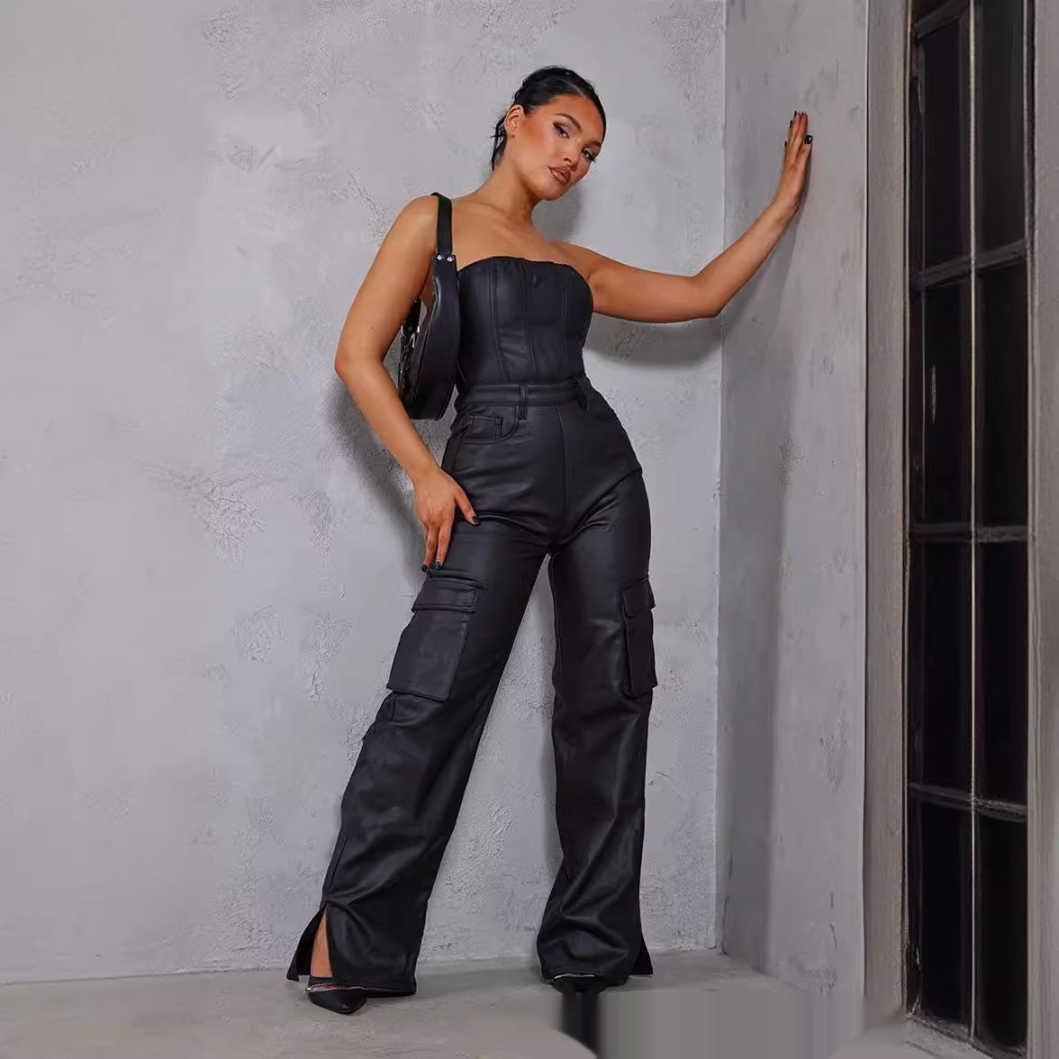 Women's Workwear With Pocket Tube Top One-piece Leather Pants