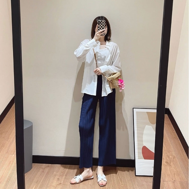 Women's Solid Color Casual Pleated Slim-fit Wide-leg Pants