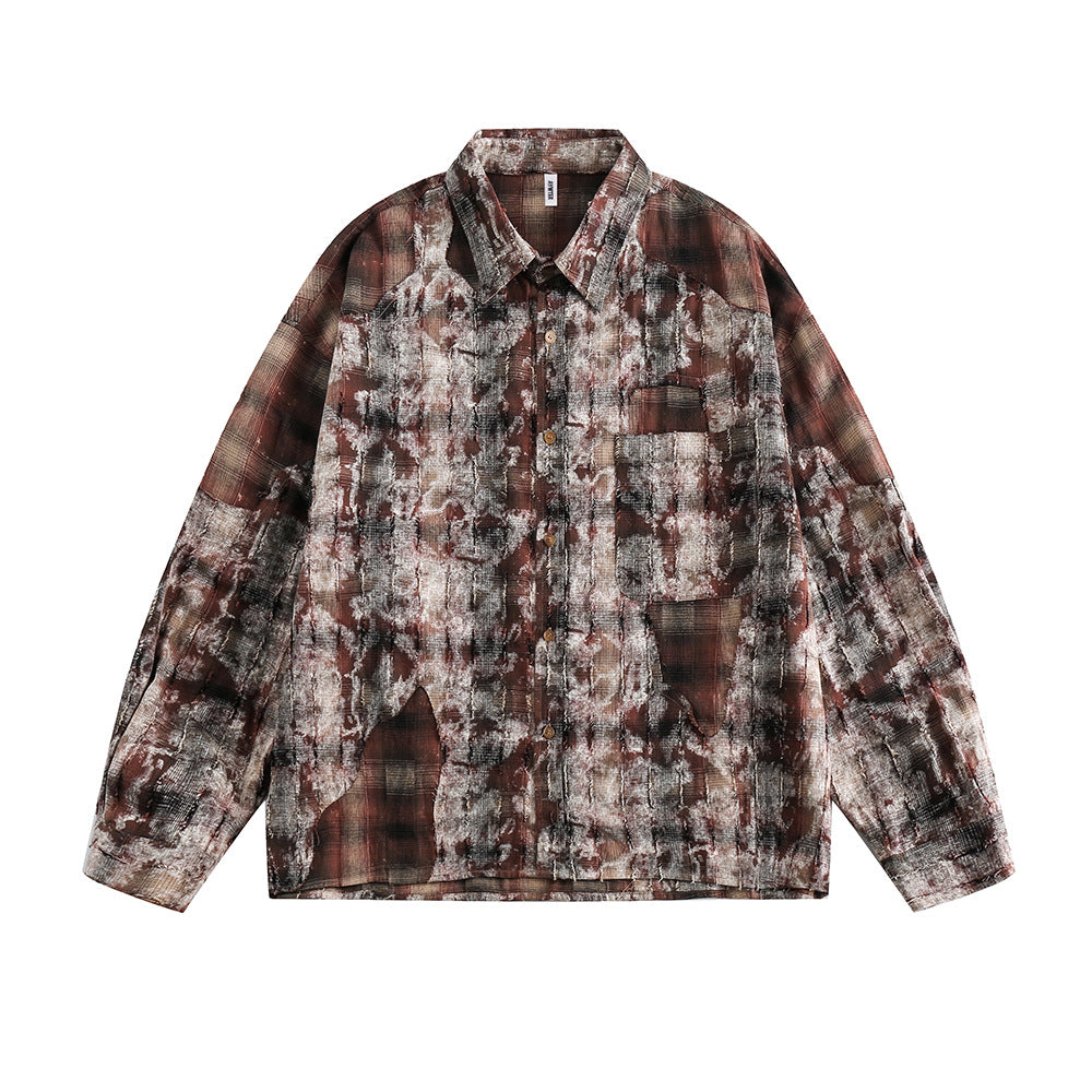 Washed And Worn Plaid Shirt Men's European And American Fashion