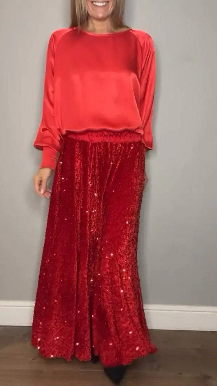 Round Neck Satin Top Sequin Dress Suit Two-piece Set