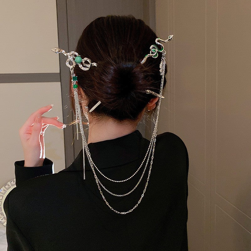 Double Hairpin Split Snake-shaped Tassel Hairpin New Chinese Bun Plate