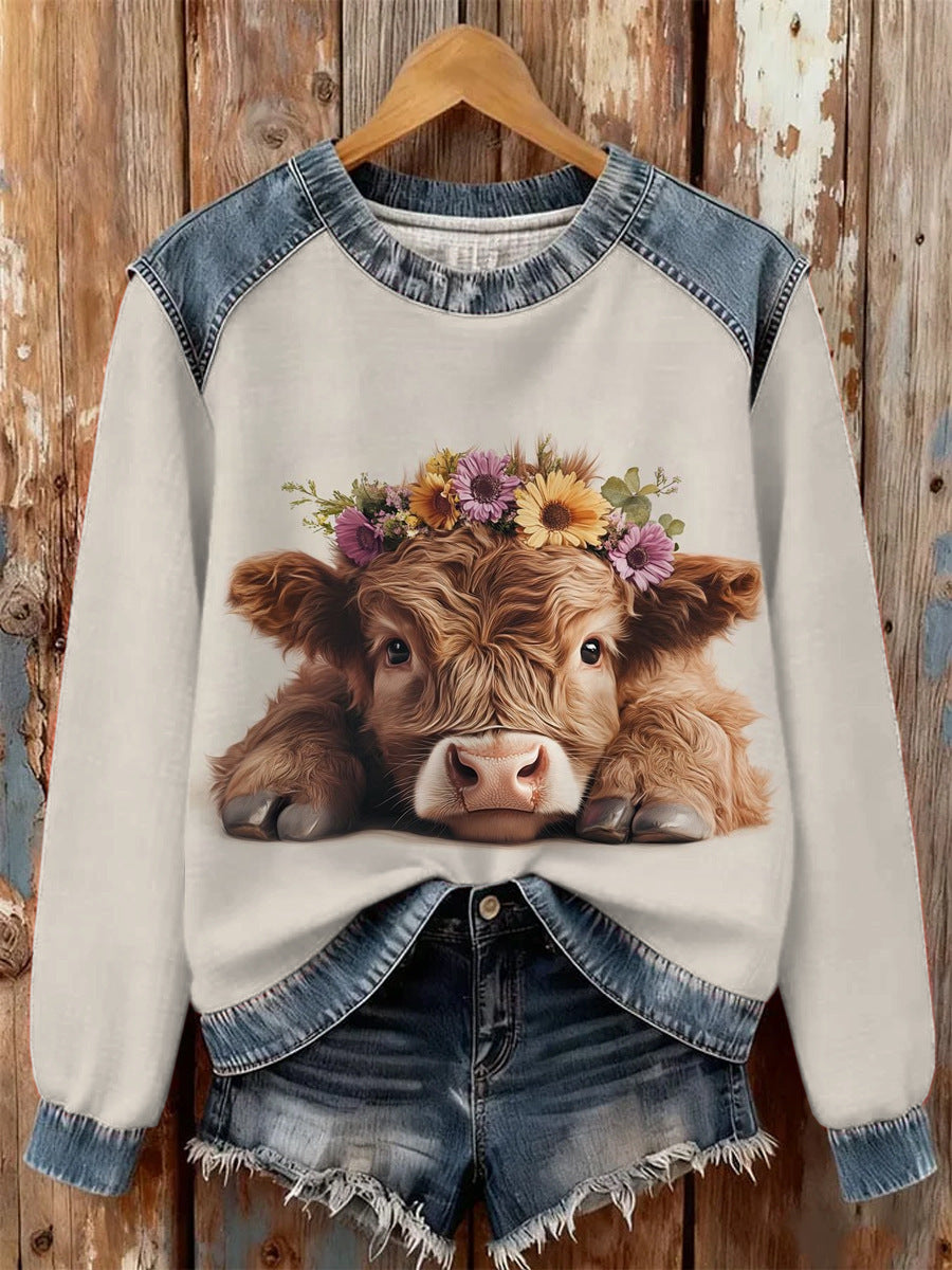 Afslappet hættetrøje til kvinder med blomstret denim-patchwork