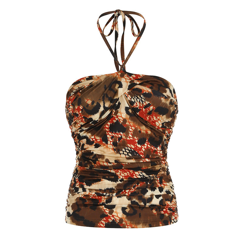 European And American Retro Printed Sexy Backless Halter Vest