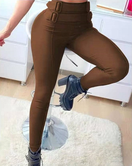 High Waist Skinny Trousers With Belt Decoration