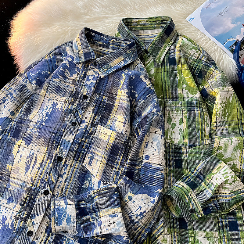 Plaid Shirt Printing And Dyeing Gradient Baggy Coat Shirt