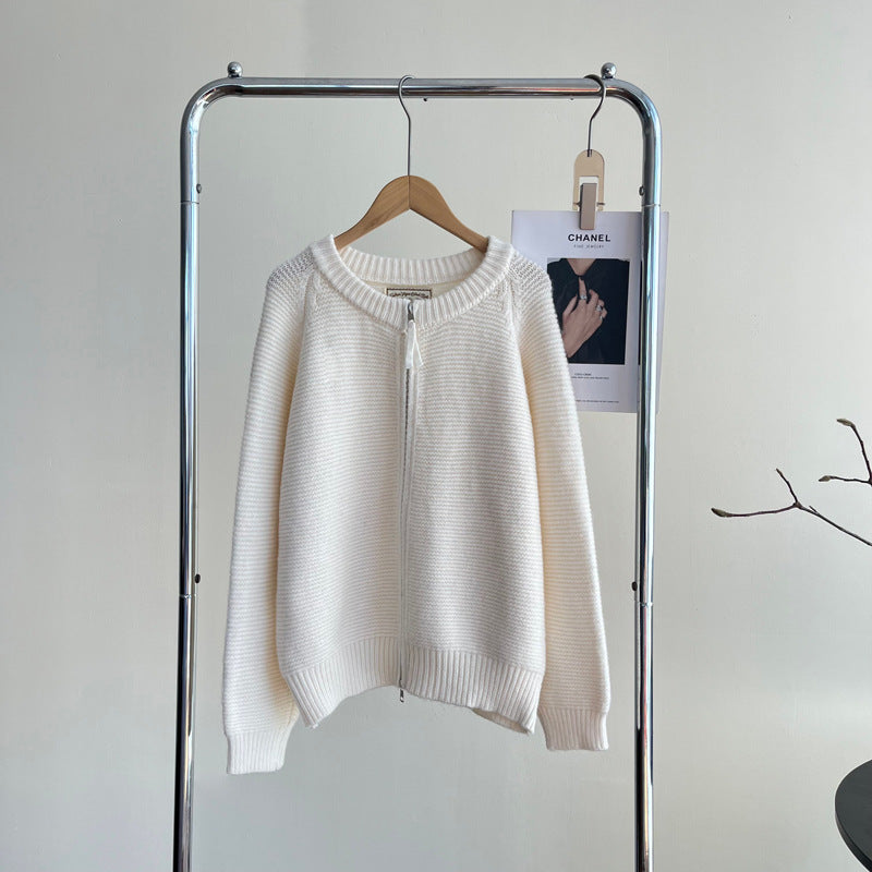 Sweater Double Zipper Sweater For Women Loose And Lazy Style Crew Neck Coat