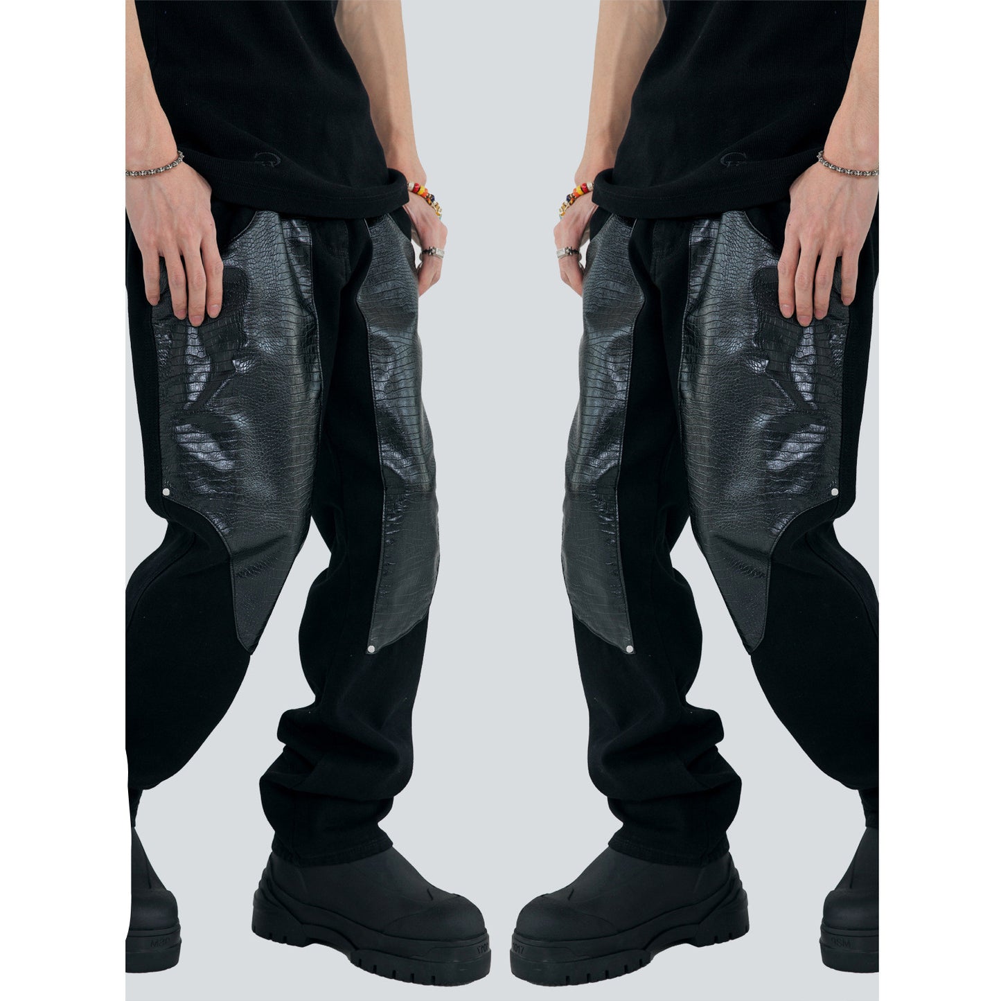 Men's Trendy Leather Patchwork Solid Color Washed Trousers