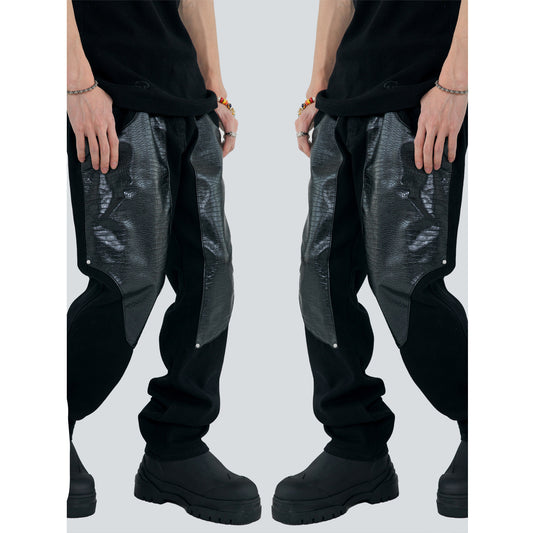 Men's Trendy Leather Patchwork Solid Color Washed Trousers