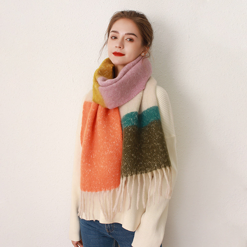 Striped Plaid Fringed Cashmere Mohair Scarf