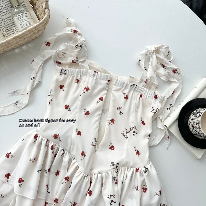Women's French-style Floral Tea Break Waist Square Collar Suspender Skirt