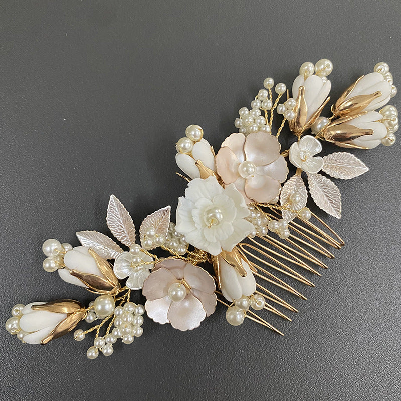 Gold Imitation Pearl Pastoral Ceramic Flower Headwear Hair Comb