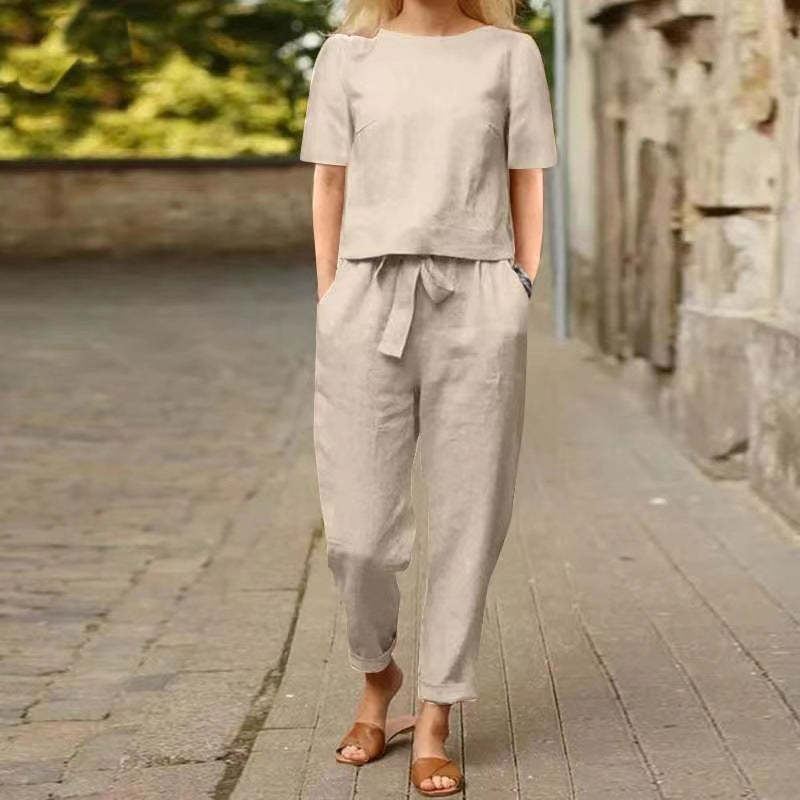 Women's Linen Cotton Summer Set Short Sleeve Vintage Set