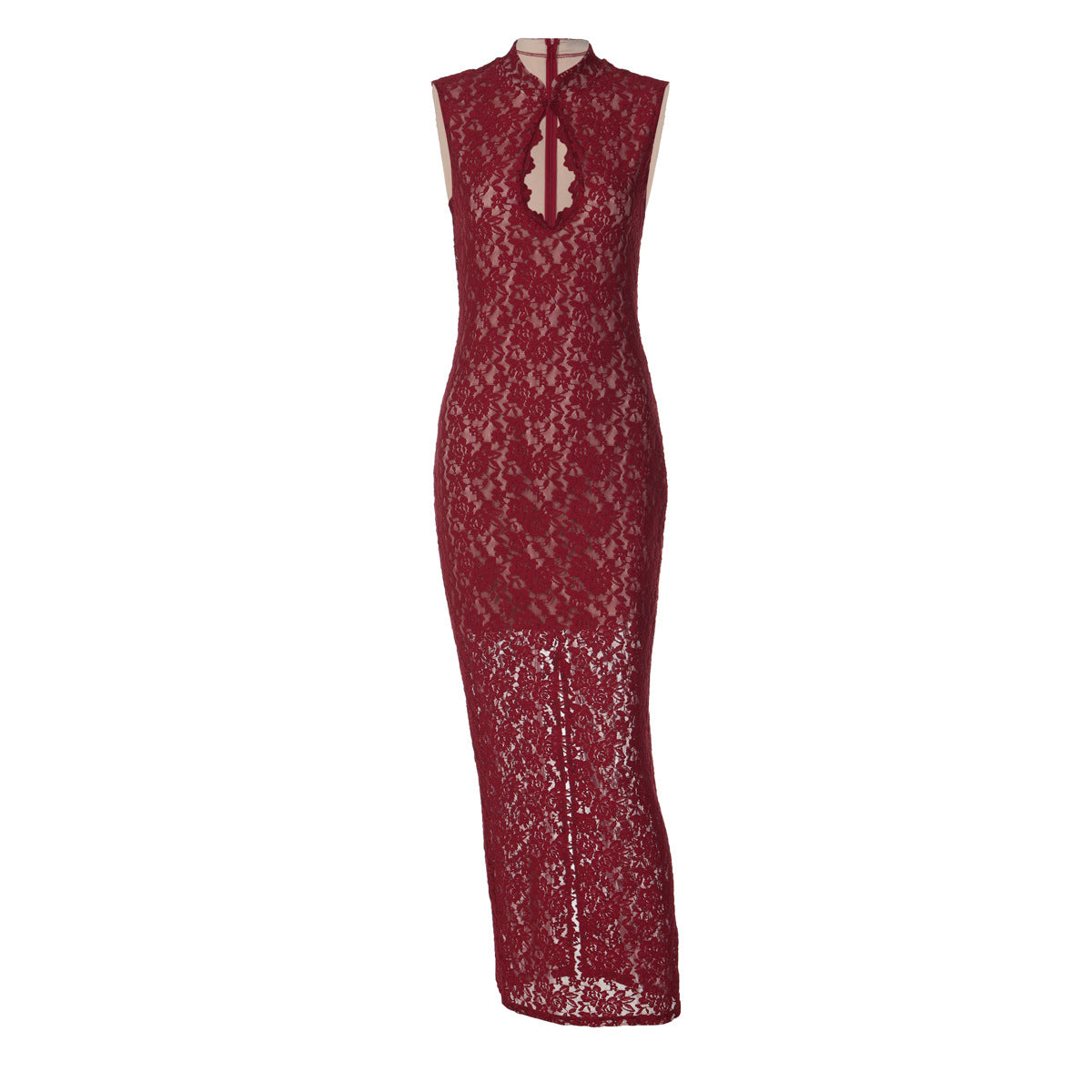 Sexy Figure-hugging Lace Sleeveless Dress With A Slit And Cutout Details
