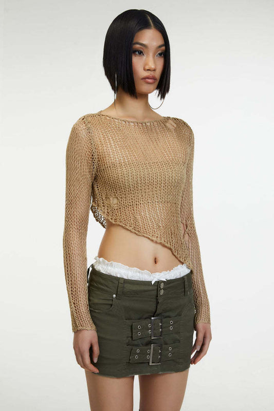 Crew Neck Personality Irregular Sexy Midriff Outfit Sheer Long Sleeve Knitwear