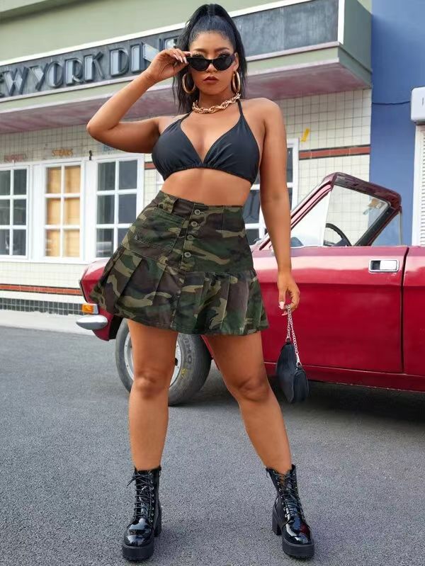 Camouflage Pleated Pocket Button Mini Skirt