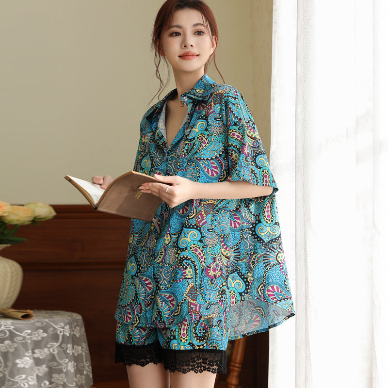 Womens Summer Short-Sleeve Pajamas Ice Silk Pajama Pants Two-Piece Set