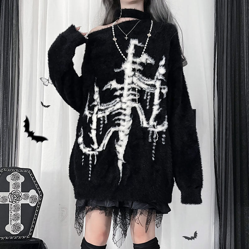 Autumn And Winter New Dark Off-the-shoulder Diagonal Collar Loose Top