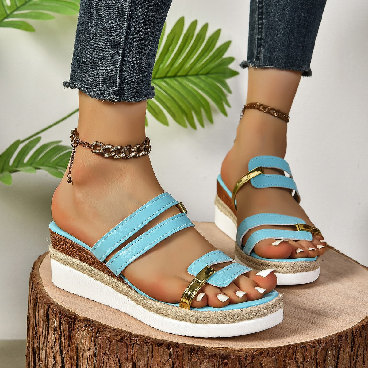 Colorblock-strop Kilehæl Sandaler Sommer Mode Hamp Hæl Slides Tøfler Udendørs Tyk Bund Fiskehals Sko til Kvinder