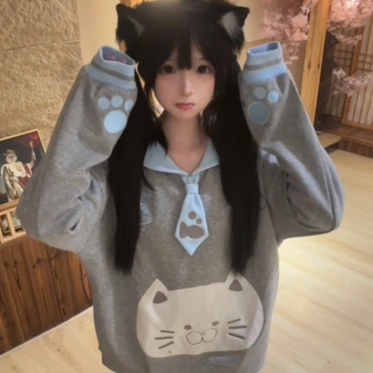 Japanese Cloud Cat Embroidered Cute Navy Collar Long Sleeve Tie Sweater