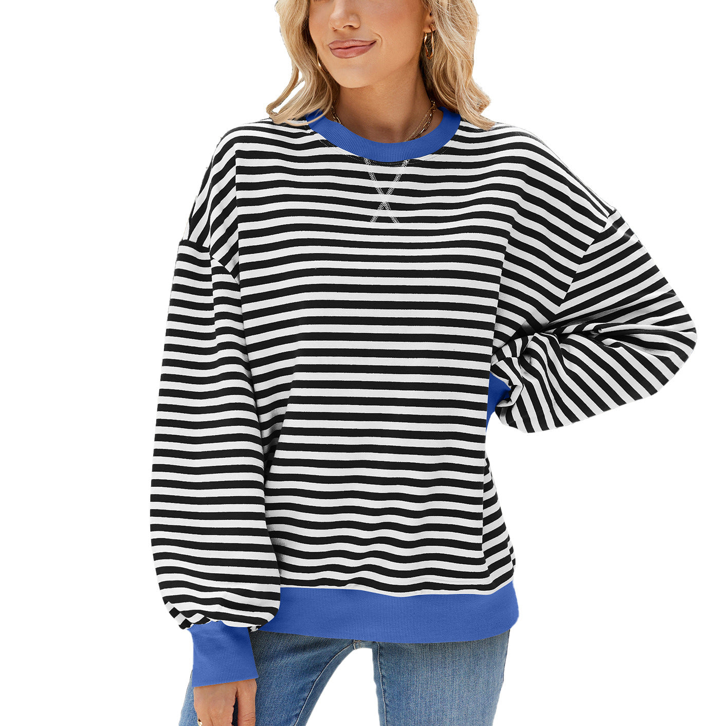 Kvinder Stribet Rund Hals Kontrastfarve Løs Langærmet Sweatshirt