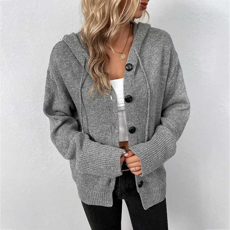Women's Solid-Color Knitted Sweater With Front Buttons Hood And Drawstring