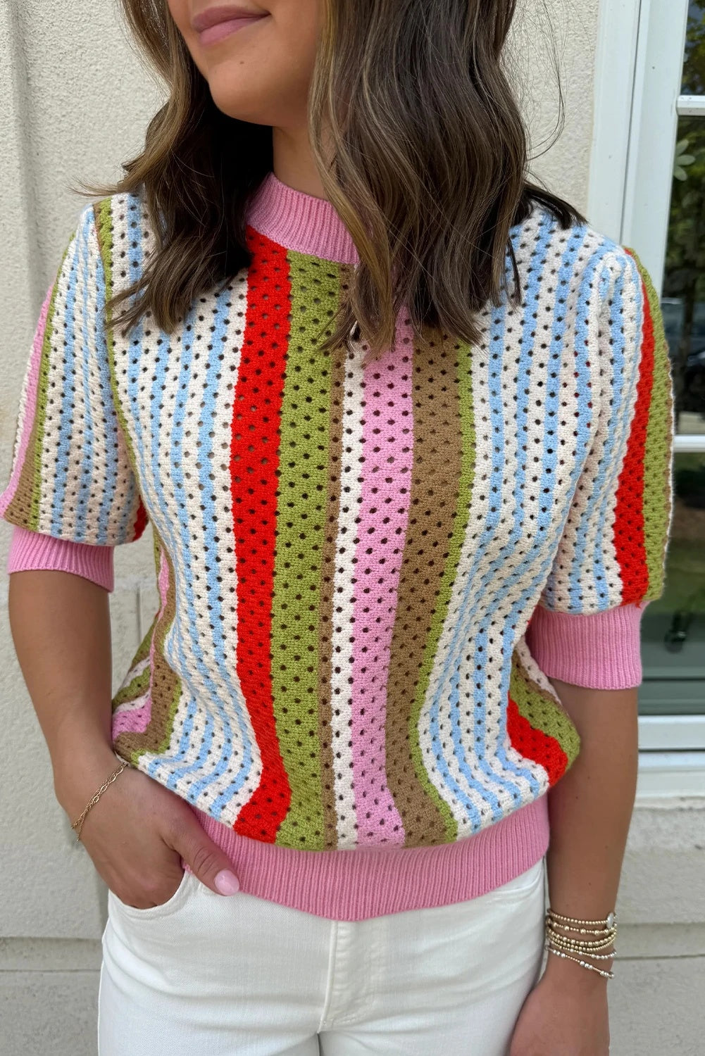 Multicolor Striped Hollow-out Knit Short Sleeve Sweater