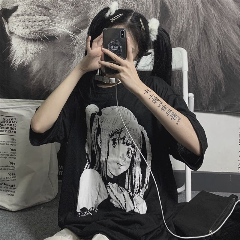 Loose Mid-length Cartoon Print Short Sleeves