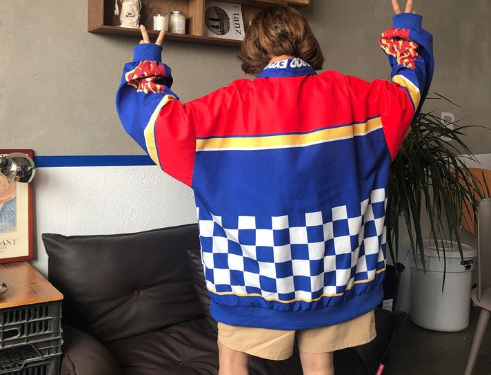 Harajuku BF Style Gade Retro Racing Print Lapel Løs Herre og Dame Pullover Sweaterfrakke