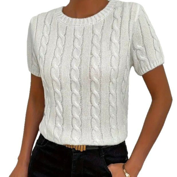 Simple Round-neck Comfortable Rib Short Sleeve Pullover Sweater