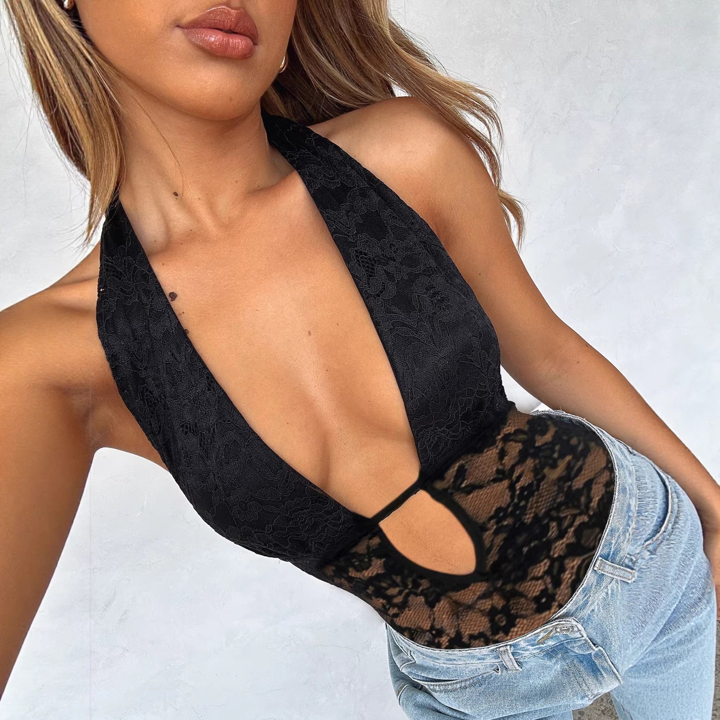 Womens Halter Deep V-Cut Cutout Backless Jumpsuit