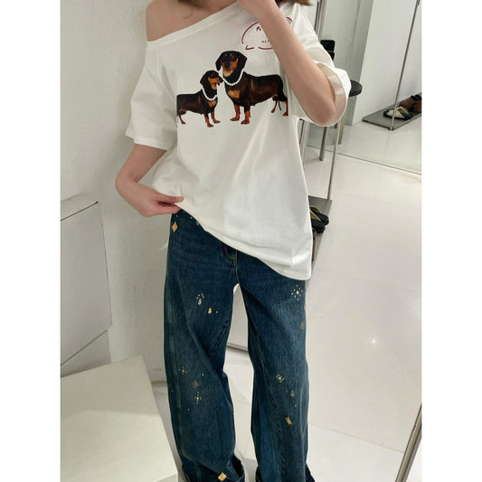 Women's Short-sleeved T-shirt With Oblique Shoulder Printed Loose Sweet And Spicy Off-shoulder