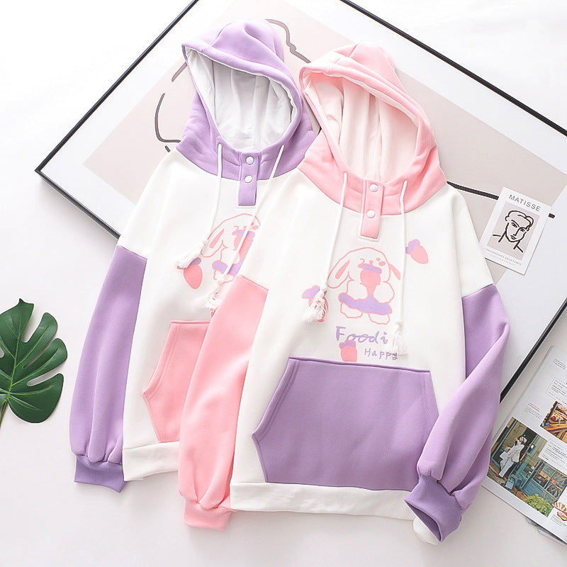 Women's Colorblock Large Pocket Print Hooded Fleece Sweatshirt