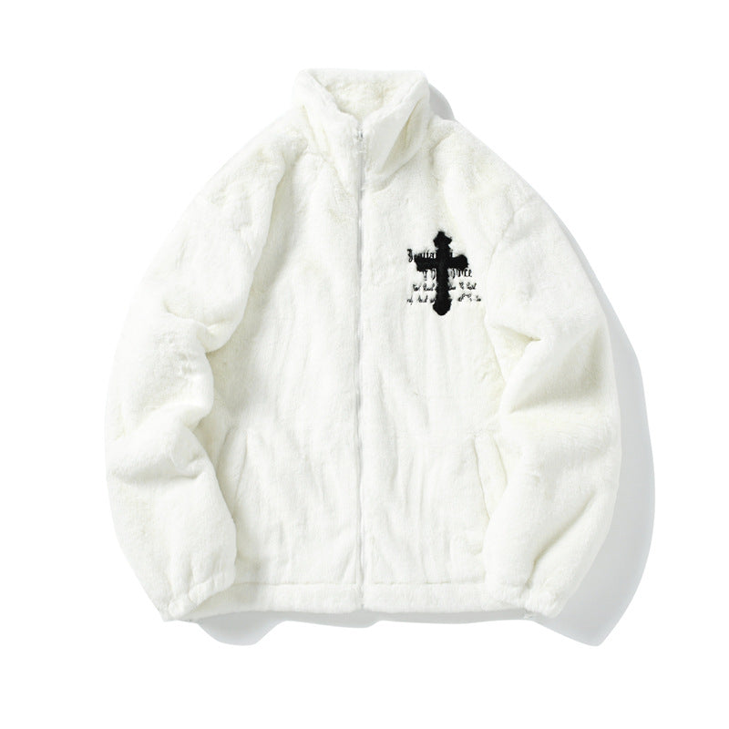 Men's Hip Hop Letter Embroidered  Rabbit Fur Jacket