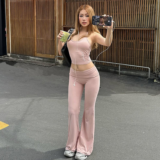 New Sexy Midriff-baring Halterneck Tank Top And Slim-fit High-waisted Flared Pants Set