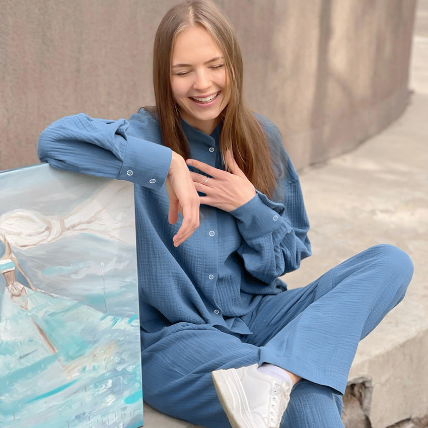 Womens Loose Crepe Cotton Long-Sleeve Top And Pants Two-Piece Set
