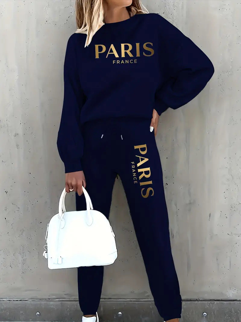 Letter Printing Long Sleeve Crew Neck Sweater Leisure Sports Fleece-lined Suit