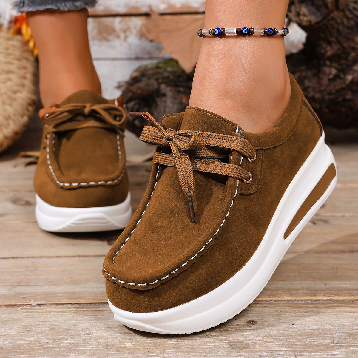 European And American-style Thick-soled Loafers With Front Laces And A Wedge Heelcasual Single-layer Shoes