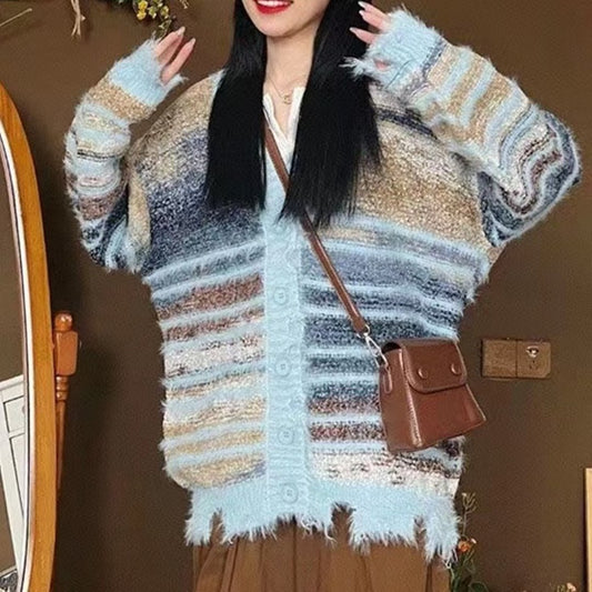 Ny afslappet retro-sweater med regnbuefarveblok til kvinder