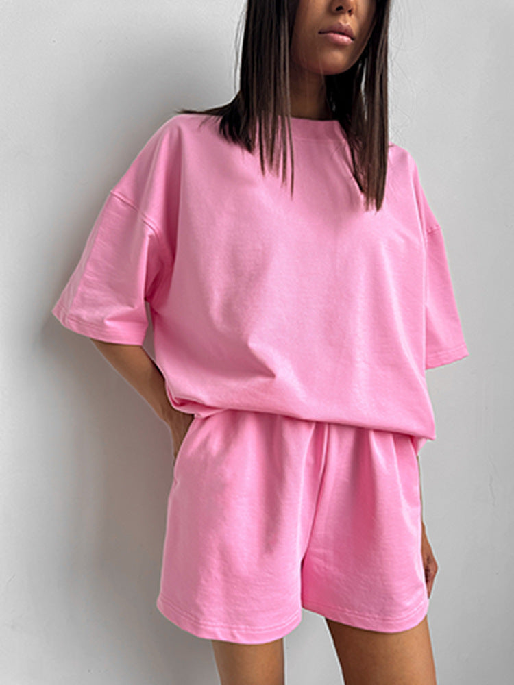 Casual Short-Sleeve Crew-Neck Top And Shorts Two-Piece Set