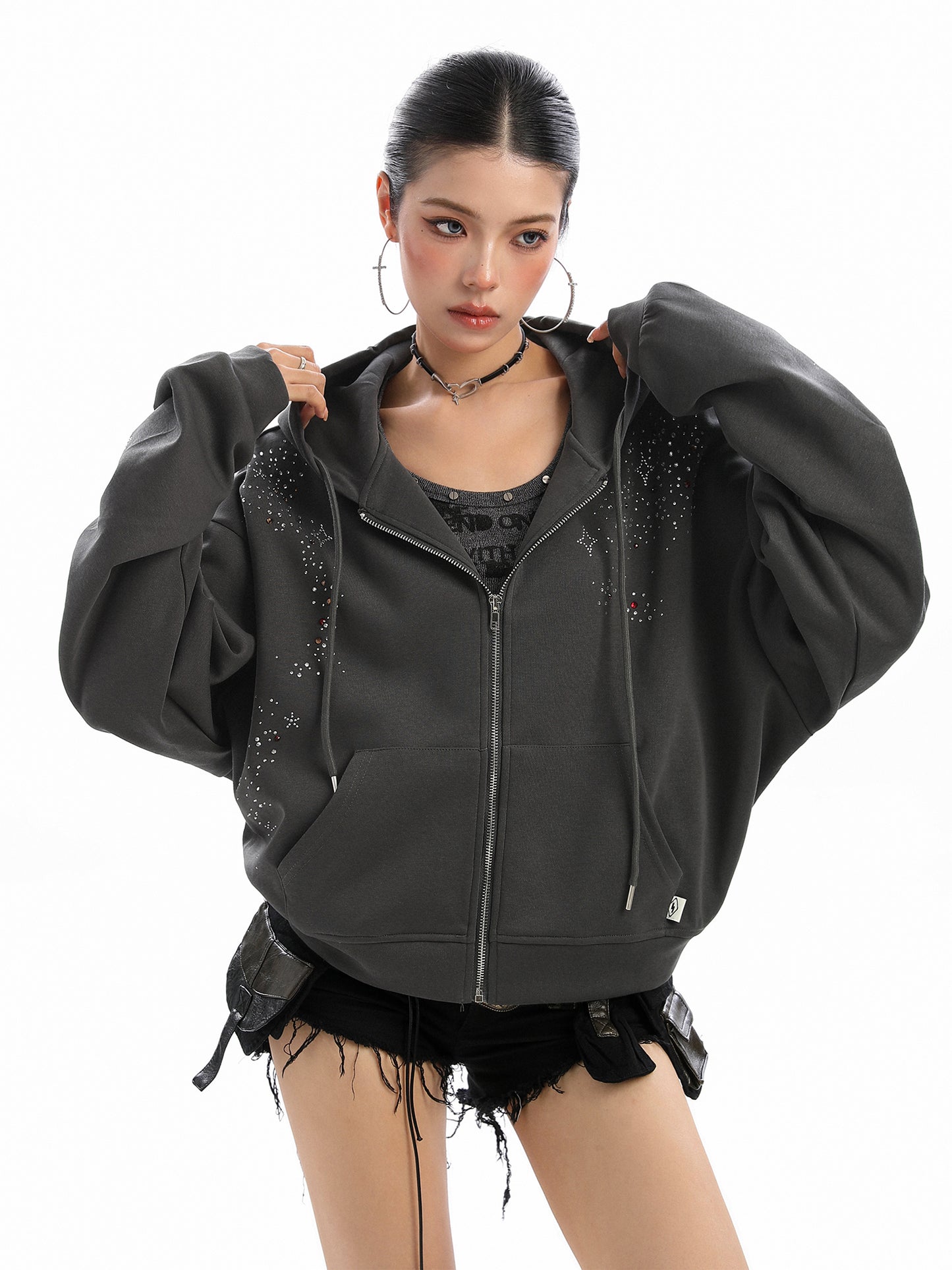 Starry Rhinestone Hooded Sweater For Women Zipper Cardigan Outerwear